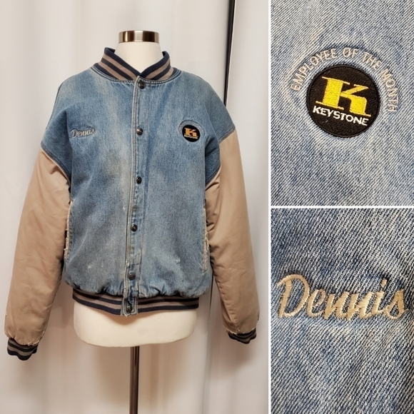 Vintage Dennis Keystone Employee of the Month Varsity Bomber Jacket 2 Tone Denim - Picture 1 of 16